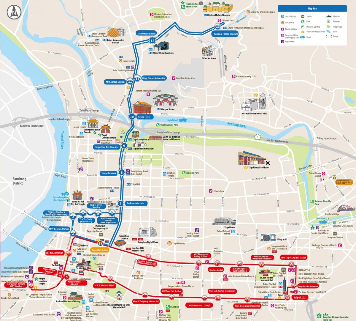 Mapa de excursões de ônibus Taipei Hop On Hop Off